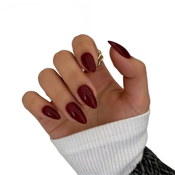 Press On Nails 4 Boxes 96 Pcs Glossy Burgundy Red Almond Fake Nails, Reusable Acrylic False Nails with Jelly Glue, Long Stiletto Manicure Set for Women Party & Daily Wear