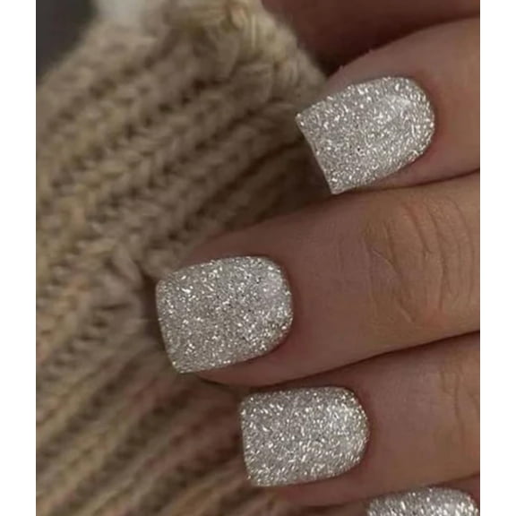 Press on Nails Acrylic Fake Nails with Design Full Cover False Nails Reusable Nail Kit with Nail Glue Adhesive Tabs Nail File Artificial Glue on Nails (red-orange color, 24Pcs) Silver with glitter