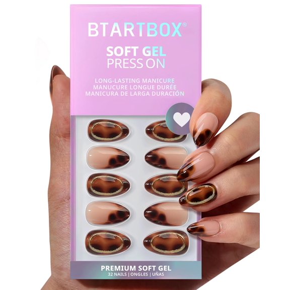 Press On Nails Almond - Amber Hoops, Tortoise Shell Short French Tip Press On Nails with Glue and Adhesive Tabs for Women, Soft Gel Glue On Nails in 16 Sizes - 32 Stick On Nails Kit