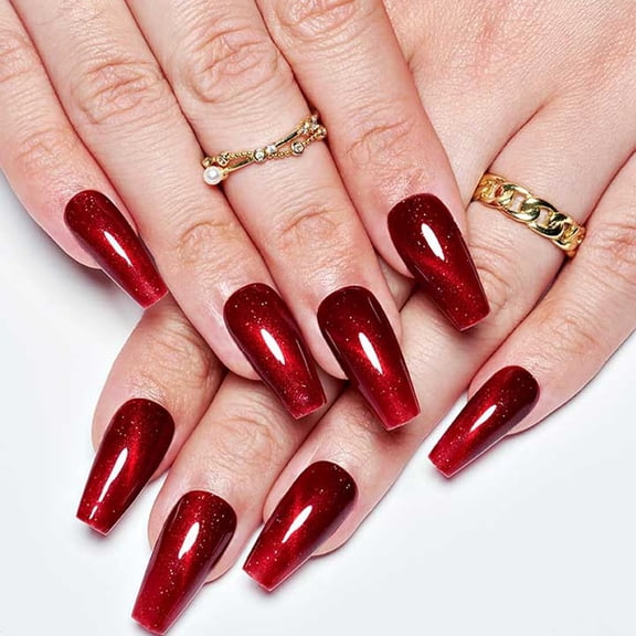 Press on Nails Coffin,Glitter Red Long Coffin False Nails with Cat Eye Design,24Pcs Glue on Nails Reusable Acrylic Stick on Nails Tips for Women Girls Gift B5-Cat Eye / Maroon (Handmade) 0.04 Fl