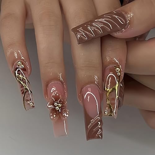 Press Nails Coffin Long Length Glossy Full Cover Square Shaped False Nails with Designs Artificial Extra Long Nails with Charms Glue ons Fingernails for Women(DD1)