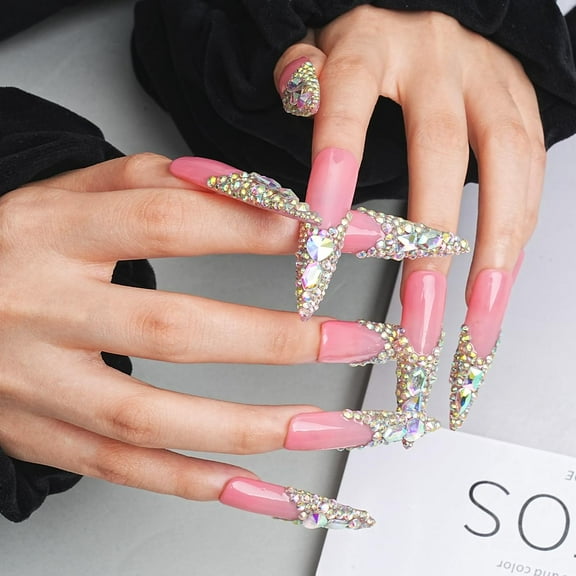 Press on Nails with Colored Crushed Diamonds Design, 100% Hand-painted Reusable Gel UV Finished Pre-shaped False Nails for Women, 10pcs 3D Handmade False Nails-Large Size