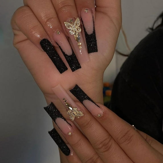 Press on Nails Extra Long Coffin Black French Tips Fake Nails with 3D Butterfly Rhinestones Design Glue on Nails for Women Acrylic False Stick on Nail