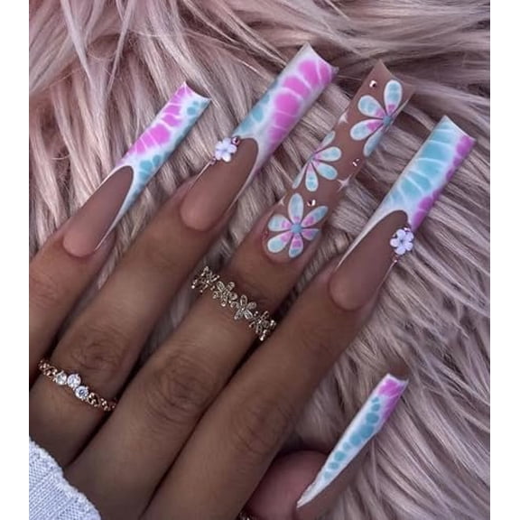 Press Nails Extra Long - Square Press Nails with and Rhinestones, Nude White Matte Nails with Glue Sticker, 24 count Stick Nails False in 12 Sizes