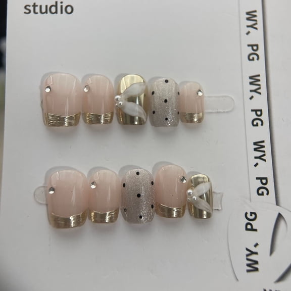Press on Nails Extra Short Square ,Hand-made nail ,art with gentle temperament ribbon and small light bulb cat's eye nail ,press on nails fake nail, Handmade Gel Fake Nails