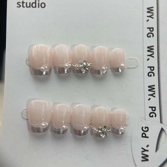 Press on Nails Extra Short Square ,Pure handmade nail art stickers, blush gradient cat's eye and pearl nail stickers, press fake nail,Handmade Gel Fake Nails