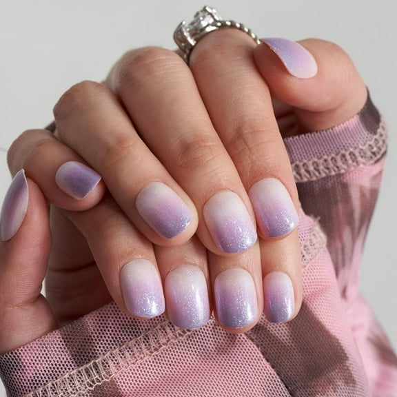 Press on Nails Extra Short Squoval, Spring Summer Glitter Purple Ombre French Tip Glue on Gel Nails, 24Pcs Round Reusable UV Finish Fake Nails Acrylic False Nail Manicure Kit for Women Gift