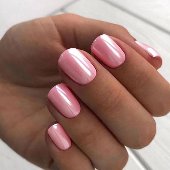 Press on Nails Extra Short Squoval, Spring Summer Handmade Pale Pink Chrome Gel Glue on Nails, 24Pcs Glazed Donut Glossy Round Fake Nails Acrylic False Nails Kits for Women Gift B3-Pale Pink 0.03