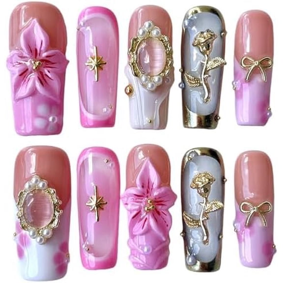 Press Nails Floral - Nude Rose & Design, Medium Long Square False Nails Nails (Mist , M)