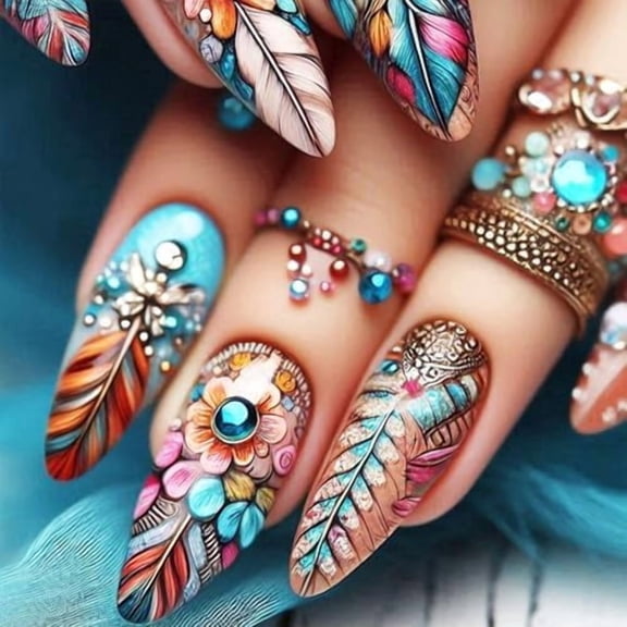 Press Nails Flower Medium Almond False Nails Owl Nails Glossy Multicolor Plume Nails Line Glue Nails for Women Girls 24 count