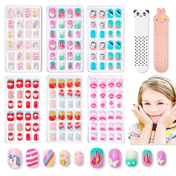 Press on Nails for Kids 144Pcs 6 Pack Children Acrylic Fake Nails Pre-glue Full Cover Glitter Color Butterfly Unicorn Short False Nail Kits Sets Thanksgiving Christmas Gifts for Girls