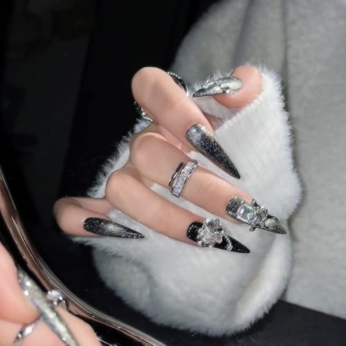 Press Nails ( ),Length Version, Painted Art by Technician,Luxury Party and Holiday Styles (Black Flash , Medium)