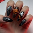 thumbnail image 1 of Press On Nails Long Almond, Halloween Ghost Pumpkin Castle Resin Fake Nails, Black Spooky Rose Spider Web Stick On False Nails, Reusable Wearable Nail Tips for Women Holiday Party Manicure,30 Pcs, 1 of 8
