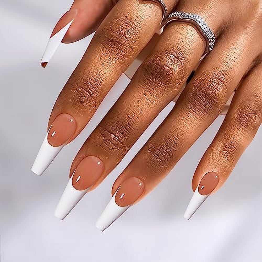 Press on Nails Long BTArtbox Soft Gel French Tip Press on Nails, Long Coffin Fake Nails with