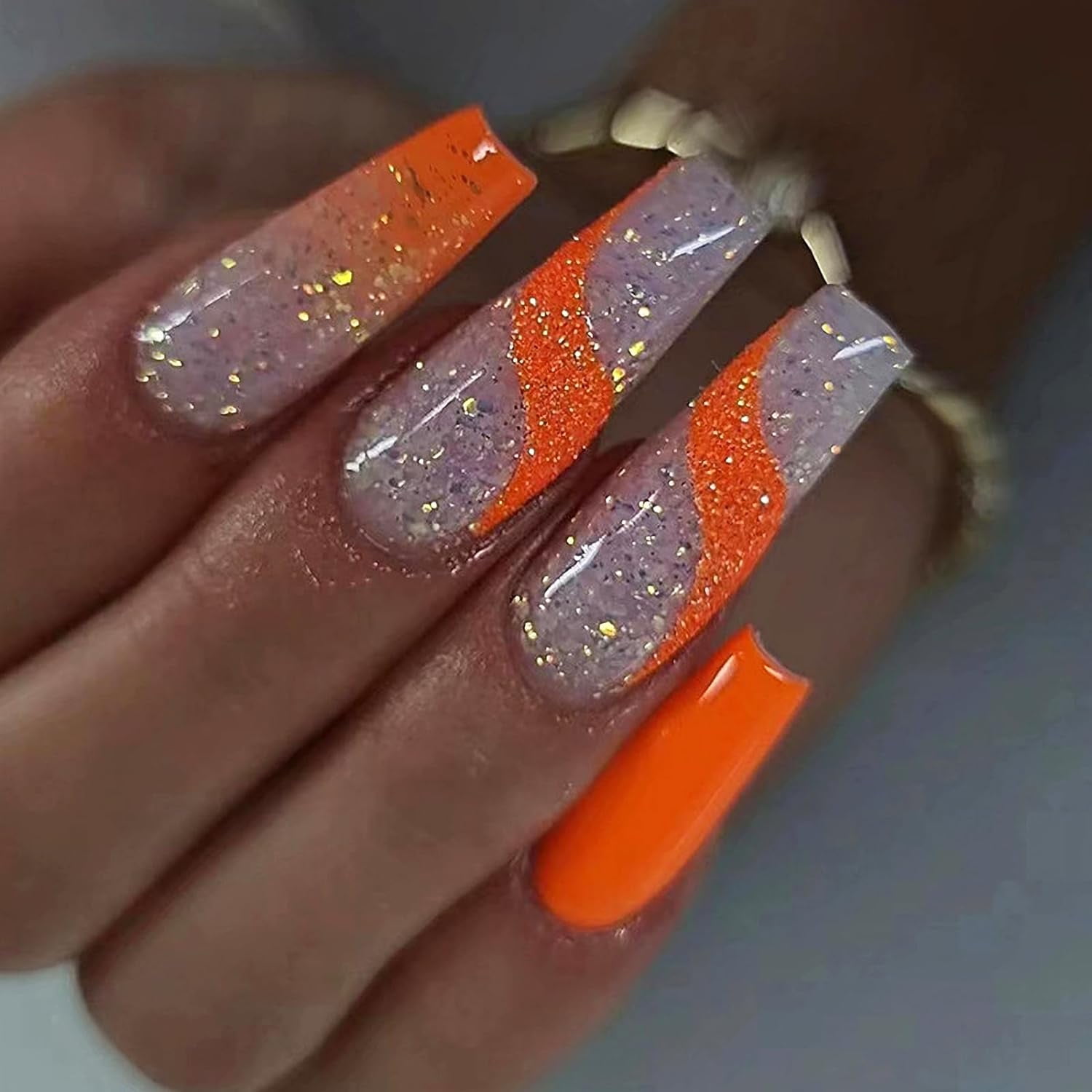 Press on Nails Long Coffin Fake Nails Glossy Glue on Nails Orange Ombre Acrylic Nails Summer Ballerina Artificial Nails Bling Glitter Stick on False Nails with Swirl Design 24 pcs 019A19Orange