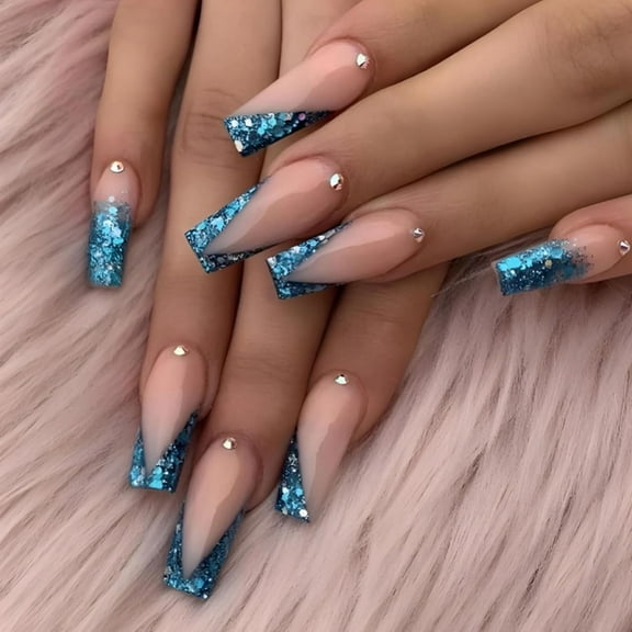 Press on Nails Long Coffin Fake Nails Glossy Glue on Nails Bling Blue Glitter French Tip Acrylic Nails Ballerina Artificial Nails Rhinestone Stick on False Nails with Design 24 pcs HHH202-4Blue