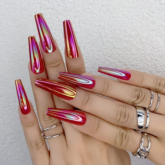 Press on Nails Long Coffin Fake Nails Glossy Glue on Nails Red Chrome Acrylic Nails Ballerina Sparkly Artificial Nails Bling Laser False Nails with Design 24 pcs Multi-colored 001-FVUS