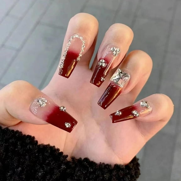 Press on Nails Long Coffin Fake Nails Glossy Glue on Nails Wine Red Ombre Acrylic Nails Ballerina Burgundy Gradient Artificial Nails Rhinestone Stick on False Nails with Design 24 pcs V04-3Wine