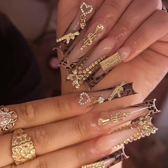 Press on Nails Long Coffin Shaped Acrylic Glossy Full Cover Long Square French False Nails with Designs Artificial Extra Long Fake Nails with Charms Glue ons Fingernails for Women