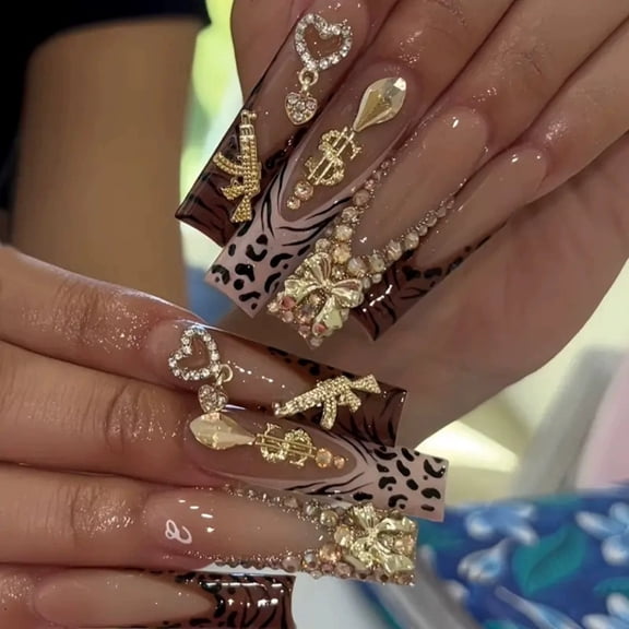 Press on Nails Long Square Fake Nails French Tip Glue on Nail with Designs Nails Charm and Rhinestones False Acrylic Nails Full Cover Stick on Nail for Women Nail Decorations