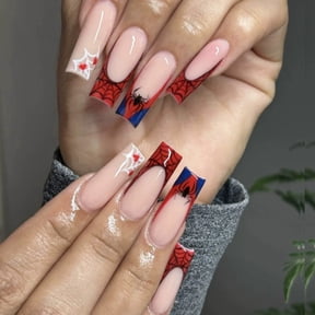 Press on Nails Long Square Fake Nails French Tip Glue on Nail with Designs Nails Charm and Rhinestones False Acrylic Nails Full Cover Stick on Nail for Women Nail Decorations