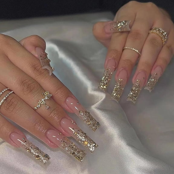 Press on Nails Long Square Fake Nails Glossy Glue on Nails Bling Gold Glitter Acrylic Nails Squoval Artificial Nails Luxury Rhinestone Stick on False Nails with Design 24 pcs 05408Gold 0.04 Fl Oz
