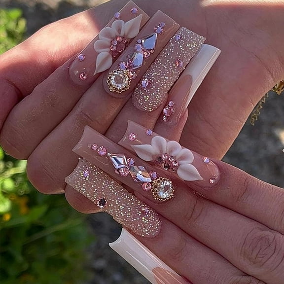 Press on Nails Long Square Fake Nails Glossy Glue on Nails White French Tip Acrylic Nails Squoval Artificial Nails Bling Glitter Stick on False Nails with Luxury Rhinestone Design 24 pcs