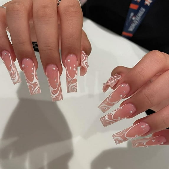 Press on Nails Long Square Shape Fake Nails White Acrylic Nails Glossy Nude Glue on Nails French False Nail Tips with Butterfly Charms and White Flowers Design for Women and Girls, 24Pcs