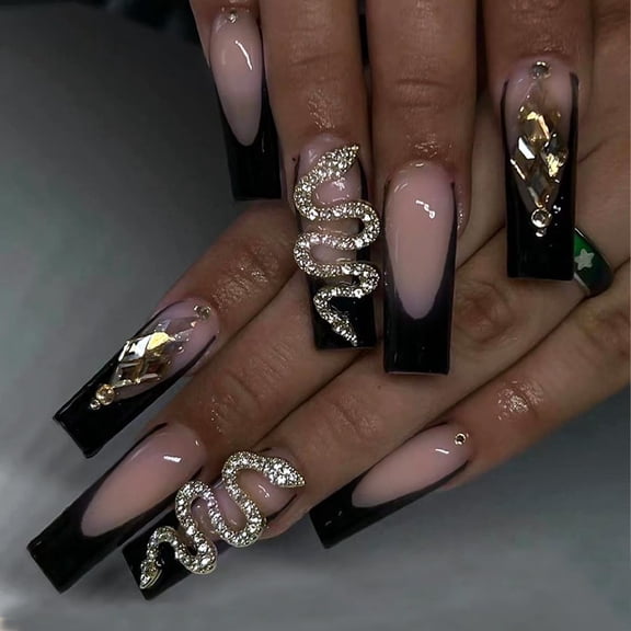 Press on Nails Long Square Shape Nails White Acrylic Nails Glossy Glue on Nails French False Nail Tips with Butterfly Charms and White Flowers Design for Women and Girls, 24Pcs