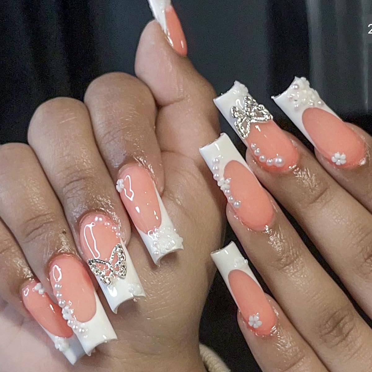 Press on Nails Long Square Shape Fake Nails White Acrylic Nails Glossy Nude  Glue on Nails French False Nail Tips with Butterfly Charms and White ...