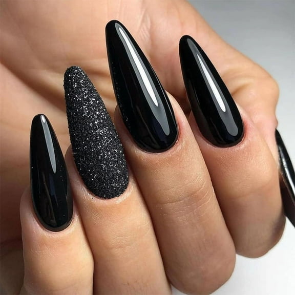 Press on Nails Long Stileto Fake Nails Glossy Glue on Nails Goth Black Acrylic Nails Sharp Almond Artificial Nails Bling Black Glitter Stick on False Nails with Design 24 pcs 02318Black 0.04 Fl Oz