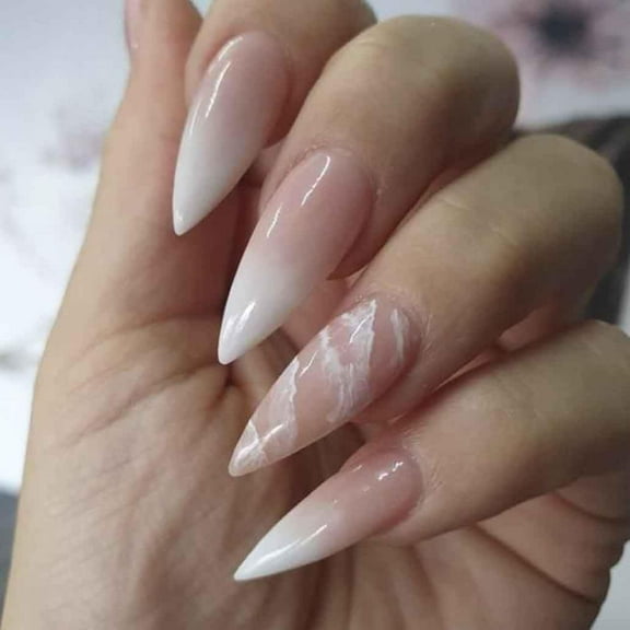 Press on Nails Long Stiletto, Artificail Fake Nails Nude Gradient Bling with Marble Design Acrylic Full Cover Long Fake Nails with Design Nail Tips for Women&Girls 24PCS Large