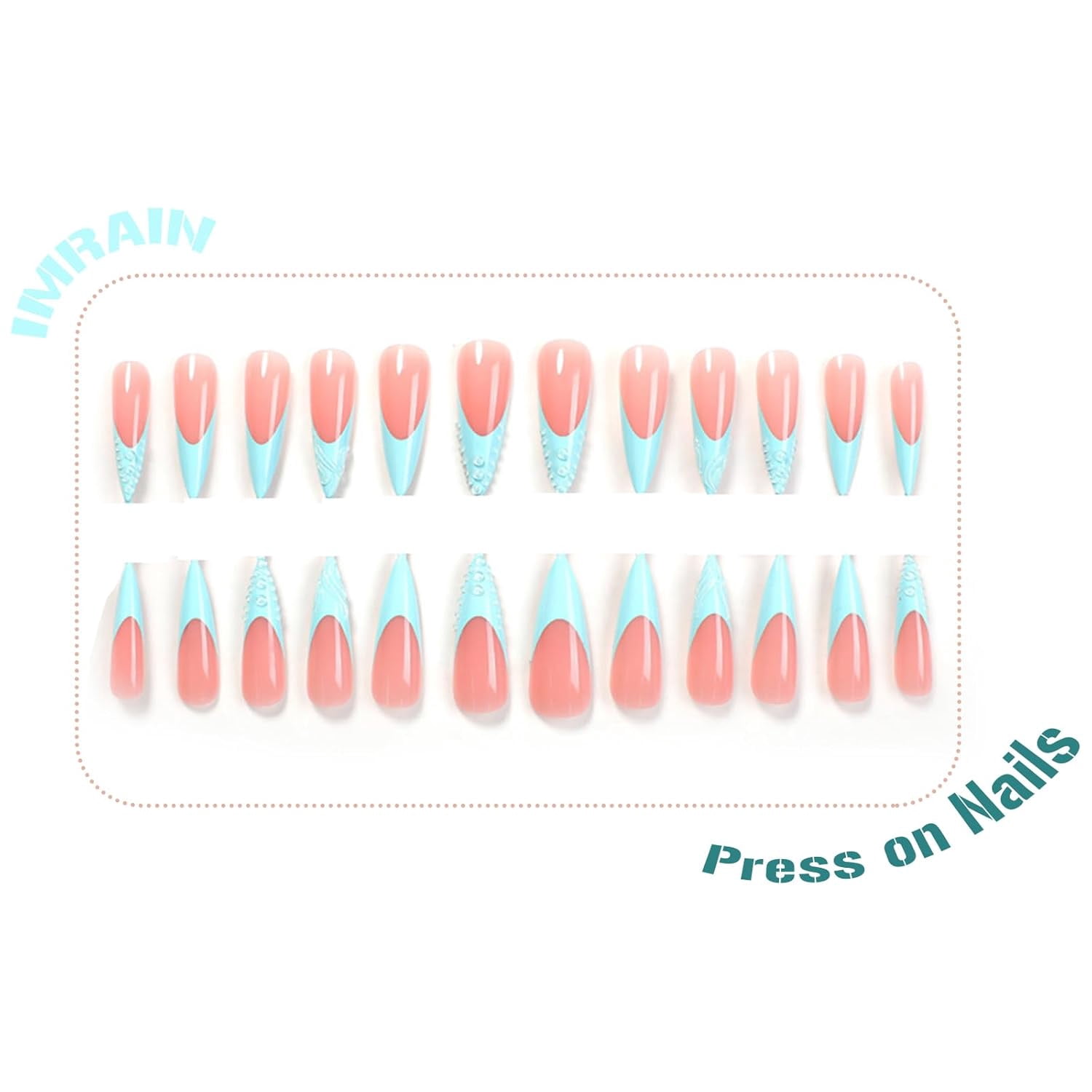 Press on Nails Long Stiletto Fake Nails Blue French Tips False Nails ...