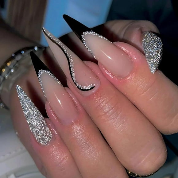 Press on Nails Long Stiletto Fake Nails Glossy Glue on Nails Black French Tip Acrylic Nails Bling Silver Glitter Almond Artificial Nails Sparkle Line Stick on False Nails with Design 24 pcs