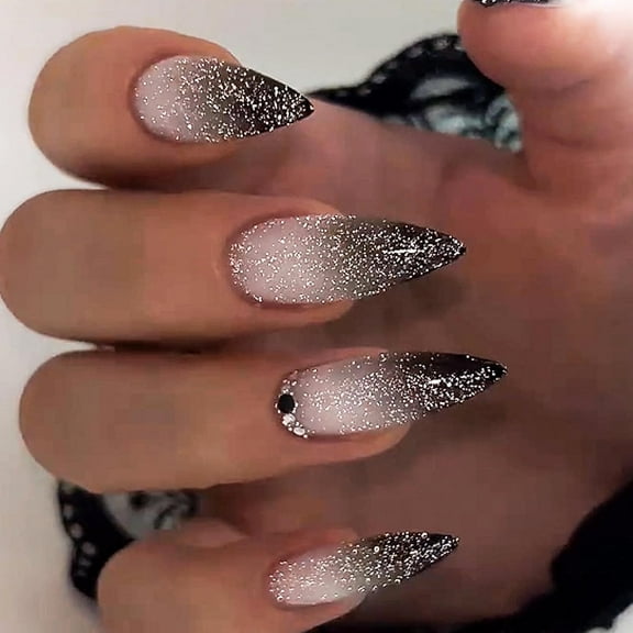 Press on Nails Long Stiletto Fake Nails Matte Glue on Nails Almond Acrylic Nails Goth Black Ombre Artificial Nails Bling Glitter Stick on False Nails with Rhinestone Design 24 pcs 05008-05Black