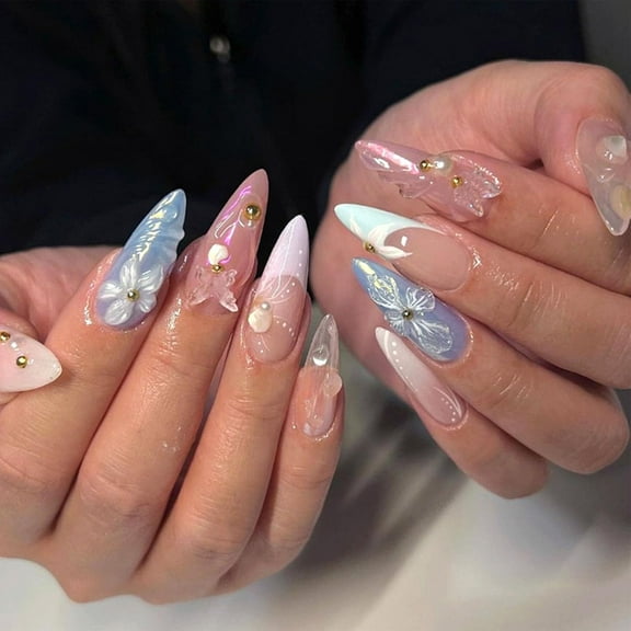 Press on Nails Medium Almond Fake Nails Blue Pink Chrome Glossy Glue on Nails with Butterfly & Flower Designs Gel Acrylic Handmade Cute False Nails Tips Full Cover French Stick on False Nails Pink