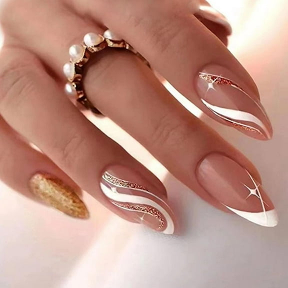 Press on Nails Medium Almond Glitter Acrylic Fake Press Ons Nails with Y2K Star Wave Lines Design Glue on Glossy Full Cover Artificial False Stick on Nail for Girls Women Daily Wear 24PCS Glitter wit