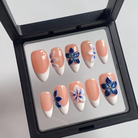 Press On Nails - Medium Almond Handmade Unique French Fake Nails, Thick Acrylic and Muti-Layer Gel False Nails, Reusable Gel Cured Sturdier Fake Nails, Size S Rose 0.11 Fl Oz (Pack of 1)