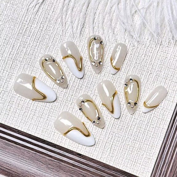 Press On Nails - Medium Almond Handmade Unique French Fake Nails, Thick Acrylic and Muti-Layer Gel False Nails, Reusable Gel Cured Sturdier Fake Nails, Size S Simplicity 0.11 Fl Oz (Pack of 1)