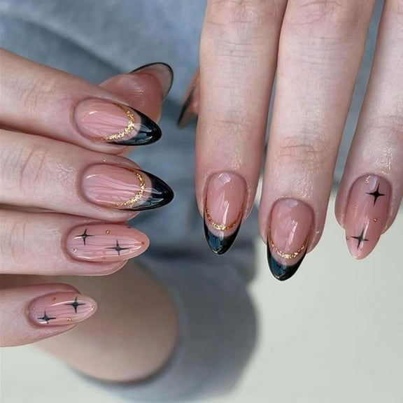 Press on Nails Medium Almond Shaped French Black Acrylic Fake Press Ons Nails with Star Design Glitter Glue on Full Cover Artificial False Stick on Nail for Girls Women Daily Wear 24PCS French Black