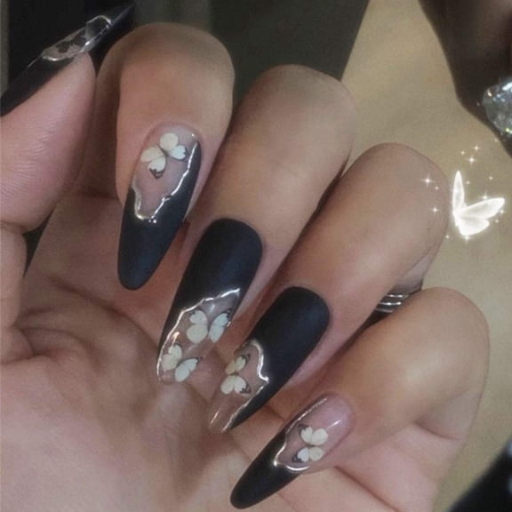 Press on Nails Medium Length Butterfly Fake Nails Black Matte False Nails Long Faux Nails Art Full Cover Acrylic Nails with Design for Women and Girls 24 PCs