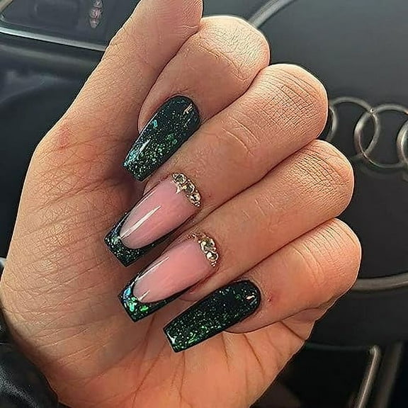 Press on Nails Medium Length Coffin Fake Nails Summer Full Cover Green False Nails with Flash drill Designs Daily Nails Tips Glue on Nails Stick on Nails for Women and Girls 24Pcs