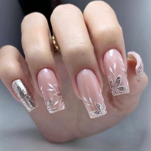 Press on Nails Medium Length Coffin Glue on Fake Nails with Luxury Glitter Design False Nails Kit Full Cover Glamorous Fake Nail Perfect Fit and Reusable, 24 Pcs in 12 Sizes, Sparkling Blossom