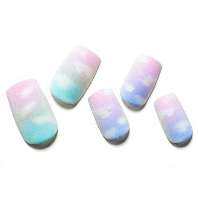 Press on Nails Medium Short Square GLAMERMAID, Pink Pastel Cloud Fake Nails with Design Macaroon Easter Acrylic False Nail Kits Stick Glue on Nails Sets for Women Reusable Full Cover Gel Nails 24Pcs