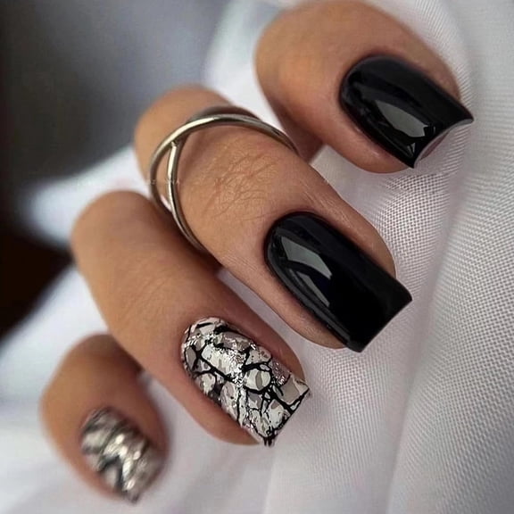 Press on Nails Medium Square Fake Nails Glossy Glue on Nails Black Crack Acrylic Nails Squoval Artificial Nails Cool Stick on False Nails with Pearl Design 24 pcs 04522Black 0.04 Fl Oz (Pack of