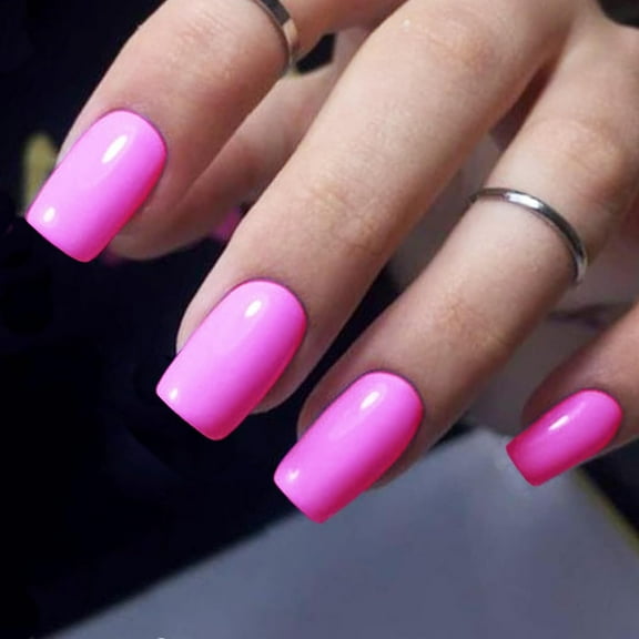 Press on Nails Medium Square, Spring Summer Hot Pink Glue on Gel Nails, Glossy Fake Nails Short Square, Neon Reusable UV Finish Fake Nails Acrylic False Nails Manicure Kits for Women Gift Azalea