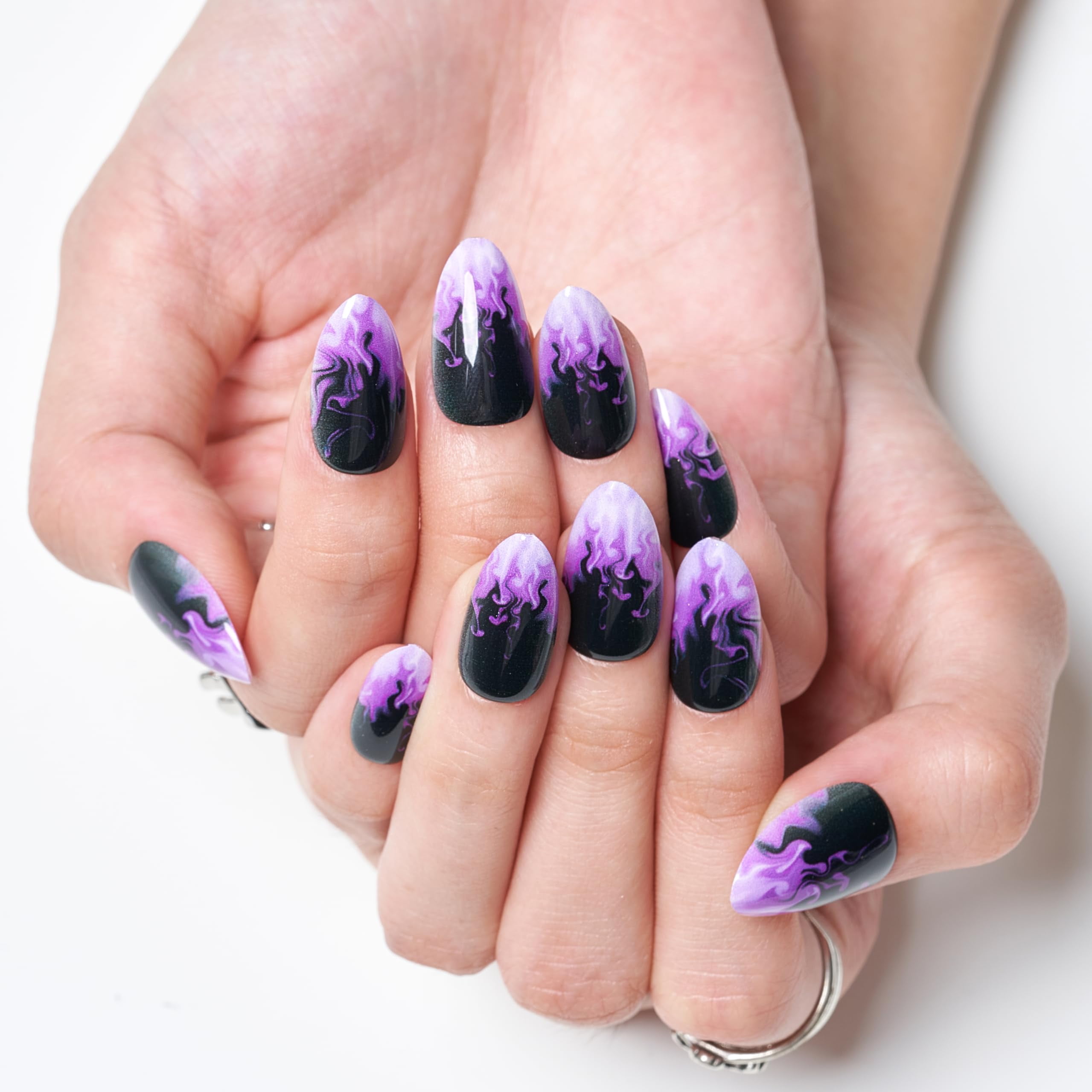 Press on Nails Short Almond, GLAMERMAID Gothic Purple Flame French Tip Glue on Gel Nails, 30Pcs Glossy Short Stiletto Acrylic False Nails Reusable UV Finish Full Cover Stick on Nails for Women Gifts