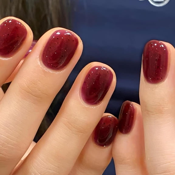 Press on Nails Short Burgundy, Full Cover Glue on Nails Wine Red with Glossy Glitter Designs Solid Color Full Cover Stick on Nails Extra Short Nails for Women Girls