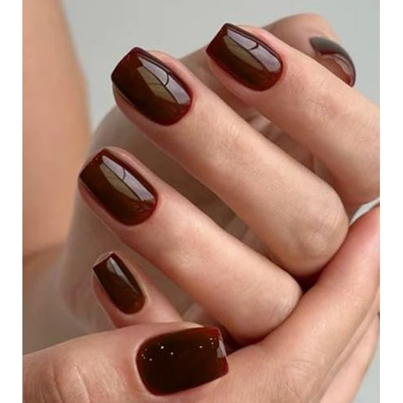 Press  Nails Short Burgundy Square False Tips Glossy   Stick  Nails Kit for Women - 30 count 15 Sizes