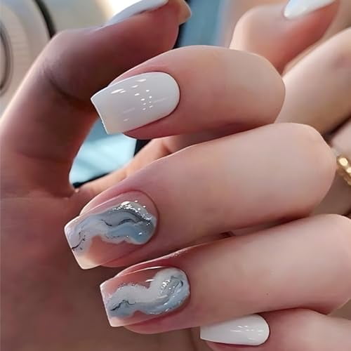Press on Nails,Short French Fake Nails Marble False Nails White And Blue Stick on Nails Marble Acrylic Nails Brilliant Galaxy Glue on Nails 24Pcs-12Sizes